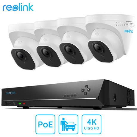 Reolink RLK8-800D4-A varnostni komplet, 1x NVR snemalna enota (2TB HDD) + 4x IP kamere D800, zaznavanje gibanja / oseb / vozil, 4K Ultra HD, IR LED luči, snemanje zvoka, aplikacija, IP66 vodoodpornost