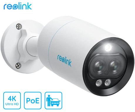 Reolink RLC-81MA IP kamera, dva objektiva, 4K 8MP Ultra HD, PoE, barvno nočno snemanje, LED reflektorji, aplikacija, IP66 vodoodpornost, dvosmerna komunikacija, bela