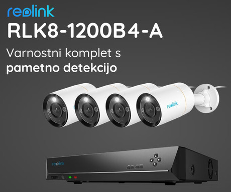 Reolink RLK8-1200B4-A varnostni komplet, 1x NVR snemalna enota (2TB) + 4x IP kamere B1200, zaznavanje gibanja, 4K Ultra HD+, IR LED, dvosmerna komunikacija, aplikacija, IP66
