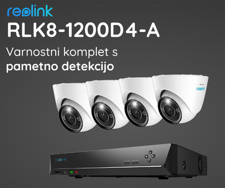 Reolink RLK8-1200D4-A varnostni komplet, 1x NVR snemalna enota (2TB) + 4x IP kamere D1200, zaznavanje gibanja, 4K Ultra HD+, IR LED, dvosmerna komunikacija, aplikacija, IP66