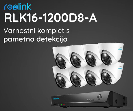 Reolink RLK16-1200D8-A varnostni komplet, 1x NVR snemalna enota (4TB) + 8x IP kamere D1200, zaznavanje gibanja, 4K Ultra HD+, IR LED, dvosmerna komunikacija, aplikacija, IP67