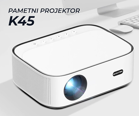 BYINTEK K45 prenosni LED projektor, Full HD 1080p, Android, WiFi, Bluetooth, 700 ANSI lumnov, dvojni zvočniki, max. 4K UHD, HDMI, bel