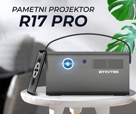 BYINTEK R17 PRO prenosni mini 3D LED DLP projektor, Android, WiFi, BT5.0, 2GB + 32GB, baterija, 750 lumnov, dvojni zvočniki, max. 4K UHD, HDMI, srebrn