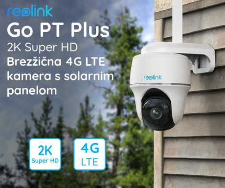 Kamera Reolink GO PT Plus, 4G LTE + solarni panel, brezžična, 2K Super HD, vrtenje in nagibanje, IR nočno snemanje, aplikacija, polnilna baterija, IP64 vodoodpornost, bela