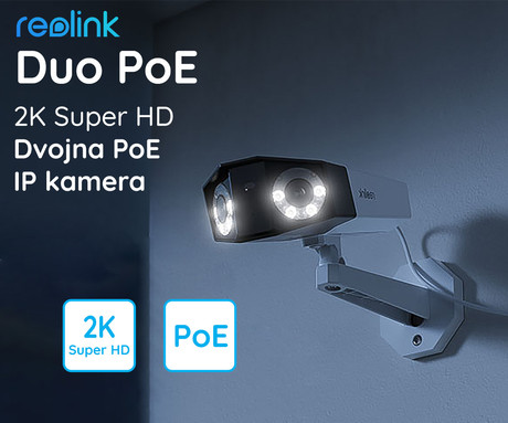 EOL - Kamera Reolink Duo PoE, dva objektiva, 2K Super HD, PoE, 150° snemalni kot, IR nočno snemanje, LED reflektorji, aplikacija, IP66 vodoodpornost, dvosmerna komunikacija, bela