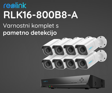 Reolink RLK16-800B8-A varnostni komplet, 1x NVR snemalna enota (4TB) + 8x IP kamera B800, zaznavanje gibanja / oseb / vozil, 4K Ultra HD, IR LED luči, snemanje zvoka, aplikacija, IP66 vodoodpornost