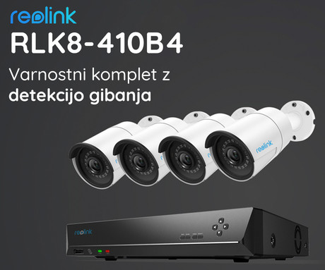 EOL - Komplet Reolink RLK8-410B4, 1x NVR snemalna enota (tB HDD), 4x IP kamere B500, zaznavanje gibanja, 5MP ločljivost, IR LED luči, snemanje zvoka, aplikacija, IP66 vodoodpornost
