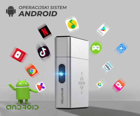 EOL - BYINTEK UFO U50 PRO prenosni 3D LED DLP projektor, Full HD 1080p, Android, WiFi, Bluetooth, 2GB + 32GB, baterija, 500 lumnov, dvojni zvočniki, max. 4K UHD, HDMI, srebrn