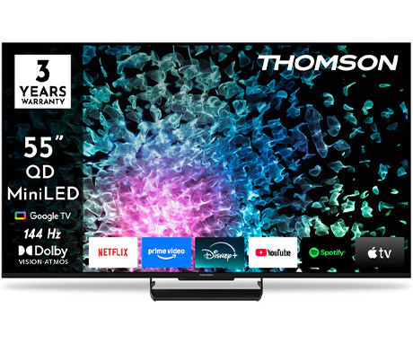 THOMSON 55MG7C15 MiniLED TV sprejemnik, 139cm (55"), 4K UHD, Google TV, 144Hz, WiFi, Bluetooth, HDR10, Dolby Atmos & Vision, STEREO zvočniki, Google Assistant, Chromecast, HOTEL Mode, pametni daljinec