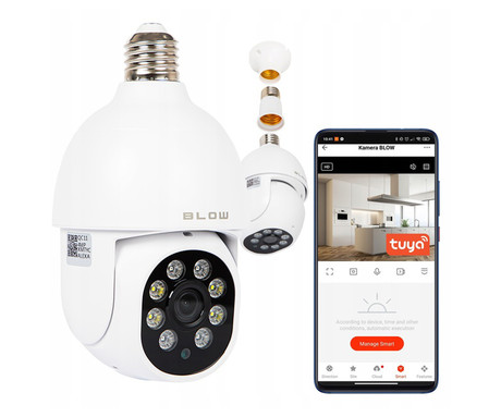 BLOW T-834 IP kamera + LED žarnica, 2v1, WiFi, Full HD 4MP, vrtenje, nagibanje, IR nočno snemanje, senzor gibanja, aplikacija, bela