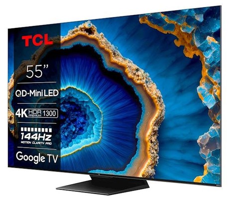 Mini LED QLED TV TCL 55C805, 139cm (55"), Google TV, 4K HDR Premium 1300, 144Hz Motion Clarity Pro, Doly Atmos, Google Assistant, Alexa