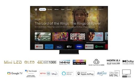 Mini LED QLED TV TCL 65C805, 165cm (65"), Google TV, 4K HDR Premium 1300, 144Hz Motion Clarity Pro, Doly Atmos, Google Assistant, Alexa