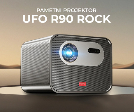 BYINTEK UFO R90 ROCK prenosni 3D LED DLP projektor, Android, Dual WiFi, Bluetooth, 2GB+32GB, 2200 lumnov, STEREO zvočniki, max 4K UHD, USB / HDMI / Ethernet / AUX, 2x mikrofon, + daljinec