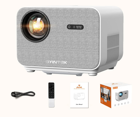 BYINTEK LOVE U12 prenosni LED projektor, Android, WiFi 6, Bluetooth, 800 ANSI lumnov, STEREO zvočniki, samodejni fokus, deljenje zaslona, max 4K UHD, USB / HDMI / AUX / RJ-45, +daljinec, bela, siva