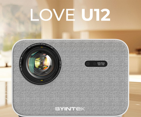 BYINTEK LOVE U12 prenosni LED projektor, Android, WiFi 6, Bluetooth, 800 ANSI lumnov, STEREO zvočniki, samodejni fokus, deljenje zaslona, max 4K UHD, USB / HDMI / AUX / RJ-45, +daljinec, bela, siva