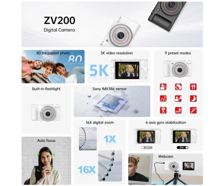 SJCAM ZV200 digitalni fotoaparat, 5K Ultra HD+, 80MP, 2.8" IPS FLIP zaslon, SONY senzor, 16x digitalni ZOOM, 6-osna stabilizacija, polnilna baterija, AUTO fokus, 9 PRESET načinov, +dodatki, bel