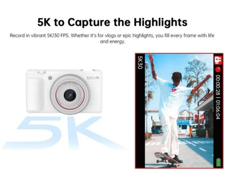 SJCAM ZV200 digitalni fotoaparat, 5K Ultra HD+, 80MP, 2.8" IPS FLIP zaslon, SONY senzor, 16x digitalni ZOOM, 6-osna stabilizacija, polnilna baterija, AUTO fokus, 9 PRESET načinov, +dodatki, bel