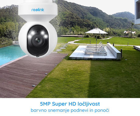 Reolink E540 IP kamera, 5MP Super HD, WiFi, vrtenje in nagibanje, IR nočno snemanje, LED reflektorji, 3x ZOOM, aplikacija, vodoodporna, dvosmerna komunikacija, bela