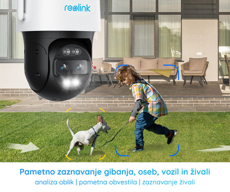 Reolink TrackMix W760 IP kamera, WiFi, dva objektiva, 4K Ultra HD, vrtenje in nagibanje, IR nočno snemanje, LED reflektorji, aplikacija, vodoodporna, dvosmerna komunikacija, bela