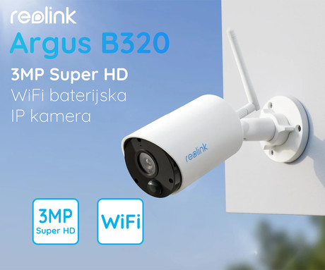 Reolink ARGUS B320 IP kamera, 3MP Super HD, WiFi, baterija, nočno snemanje, IR LED diode, vodoodporna, aplikacija, dvosmerna komunikacija, bela