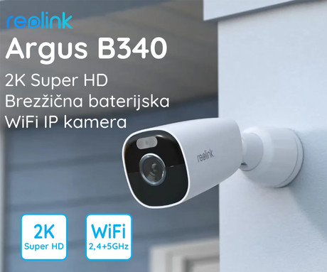 Reolink ARGUS B340 IP kamera, 2K 5MP Super HD, Dual WiFi, baterija, barvno nočno snemanje, LED reflektorji, aplikacija, vodoodporna, dvosmerna komunikacija, bela