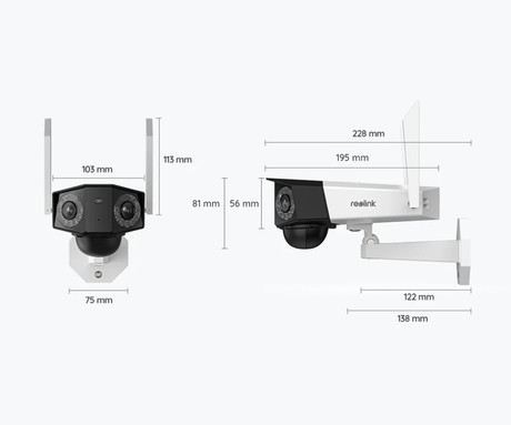 Reolink DUO B750 IP kamera, dva objektiva, 2K 6MP Quad HD, Dual WiFi, baterija, 180° snemalni kot, barvno nočno snemanje, LED reflektorji, aplikacija, IP66 vodoodpornost, dvosmerna komunikacija, bela