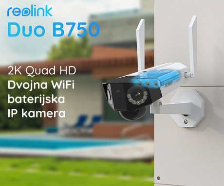Reolink DUO B750 IP kamera, dva objektiva, 2K 6MP Quad HD, Dual WiFi, baterija, 180° snemalni kot, barvno nočno snemanje, LED reflektorji, aplikacija, IP66 vodoodpornost, dvosmerna komunikacija, bela