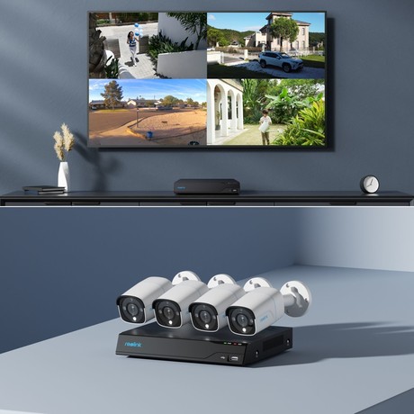 Reolink NVS8-8MB4 IP varnostni komplet, 4x kamera, 1x snemalna enota, 8MP 4K Ultra HD, POE, AI zaznavanje, Night Vision, aplikacija, dvosmerna komunikacija, pametni alarm, IP67 vodoodpornost