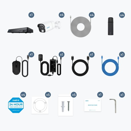 Reolink NVS8-8MB4 IP varnostni komplet, 4x kamera, 1x snemalna enota, 8MP 4K Ultra HD, POE, AI zaznavanje, Night Vision, aplikacija, dvosmerna komunikacija, pametni alarm, IP67 vodoodpornost