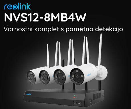 Reolink NVS12-8MB4W varnostni komplet, Dual WIFI 6, 1x snemalna enota + 4x IP kamere, 4K 8MP Ultra HD, 2TB disk, priklop do 12 kamer, razširljiv spomin, neprekinjeno snemanje, PoE / WiFi namestitev