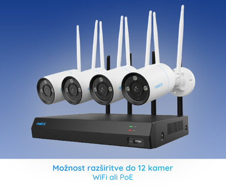 Reolink NVS12-8MB4W varnostni komplet, Dual WIFI 6, 1x snemalna enota + 4x IP kamere, 4K 8MP Ultra HD, 2TB disk, priklop do 12 kamer, razširljiv spomin, neprekinjeno snemanje, PoE / WiFi namestitev