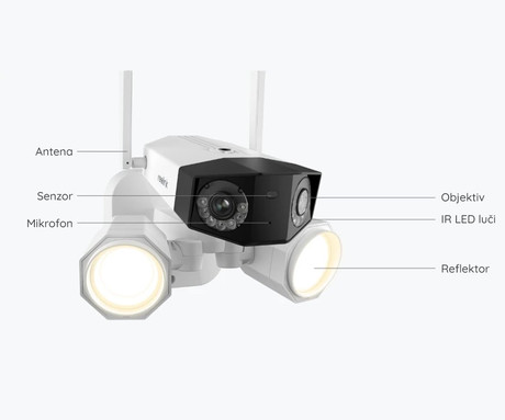 Reolink Floodlight F750W IP kamera, dva objektiva, 4K 8MP Ultra HD, WiFi, 180° snemalni kot, IR nočno snemanje, LED reflektorji, aplikacija, IP66 vodoodpornost, dvosmerna komunikacija, bela