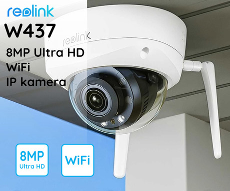 Reolink W437 IP kamera, 8MP Ultra HD, zaščita IK10, WiFi 6, IR nočno snemanje, LED reflektorji, aplikacija, vodoodporna, dvosmerna komunikacija, bela