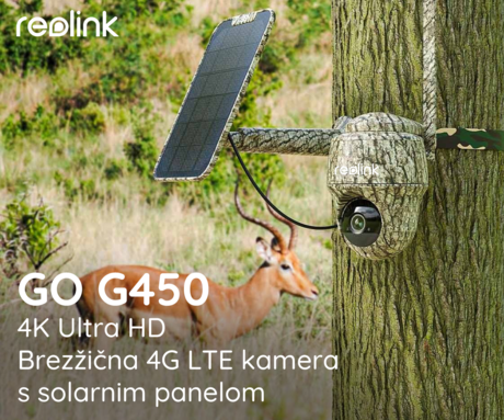 Reolink GO G450 IP kamera, kamuflažna / lovska, 4G LTE, + solarni panel, 4K Ultra HD, vrtenje in nagibanje, IR nočno snemanje, aplikacija, baterija, vodoodporna