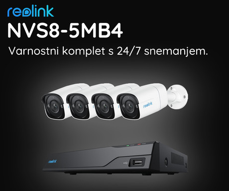 Reolink NVS8-5MB4 varnostni komplet, 1x NVR snemalna enota (2TB) + 4x IP kamere P320, 5MP Super HD, zaznavanje gibanja, IR LED, mikrofon, aplikacija, IP67