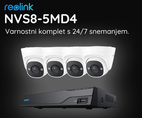 Reolink NVS8-5MD4 varnostni komplet, 1x NVR snemalna enota (2TB) + 4x IP kamere P324, 5MP Super HD, zaznavanje gibanja, IR LED, mikrofon, aplikacija, IP66