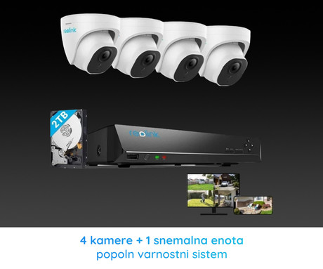 Reolink NVS8-5MD4 varnostni komplet, 1x NVR snemalna enota (2TB) + 4x IP kamere P324, 5MP Super HD, zaznavanje gibanja, IR LED, mikrofon, aplikacija, IP66