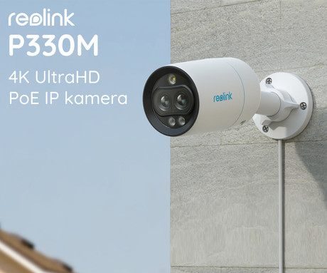 Reolink P330M IP kamera, dva objektiva, 4K 8MP Ultra HD, PoE, barvno nočno snemanje, LED reflektor, aplikacija, IP66 vodoodpornost, dvosmerna komunikacija, bela