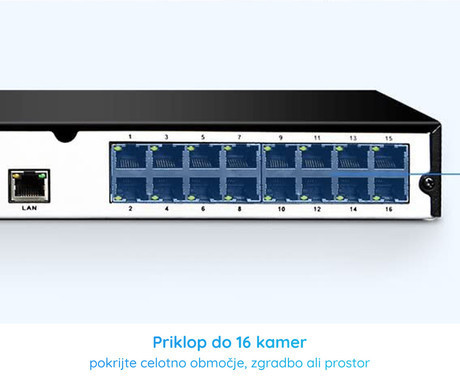 Reolink NVS16 snemalna enota, POE namestitev, priklop do 24 kamer (16x žična + 8x brezžična), spomin do 16TB, aplikacija, neprekinjeno snemanje, 16x PoE vhod, HDMI, VGA, LAN RJ-45, USB Type-A, AV-in