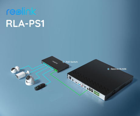 Reolink RLA-PS1 PoE switch / stikalo, 120W, priklop do 8 kamer, samodejno zaznavanje, 4KV električna zaščita, Plug & Play, stenska / namizna montaža, črna