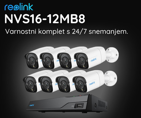 Reolink NVS16-12MB8 varnostni komplet, 1x NVR snemalna enota (4TB) + 8x IP kamere NVC-B12M, 12MP Ultra HD+, zaznavanje gibanja, IR LED, dvosmerna komunikacija, aplikacija, IP67