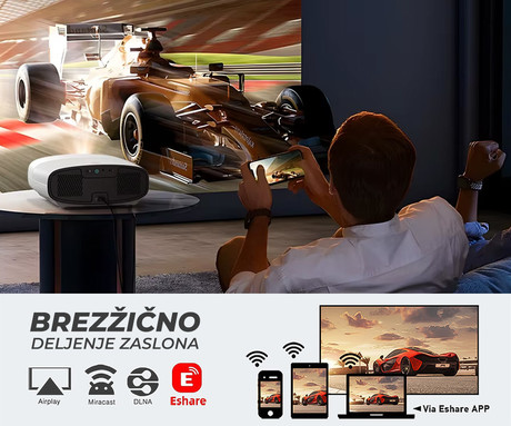 BYINTEK VEVSHAO A22 prenosni LED projektor, Android, Dual WIFI, Bluetooth, 1000 ANSI lumnov, STEREO zvočniki, samodejni fokus, deljenje zaslona, max 4K UHD, USB / HDMI / AUX, +daljinec