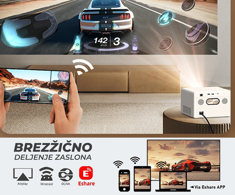 BYINTEK PLATO T5 prenosni LED projektor, Android, WIFI 6, Bluetooth, 1000 ANSI lumnov, STEREO zvočniki, samodejni fokus, deljenje zaslona, max 4K UHD, USB / HDMI / AUX / RJ-45, +daljinec, bel