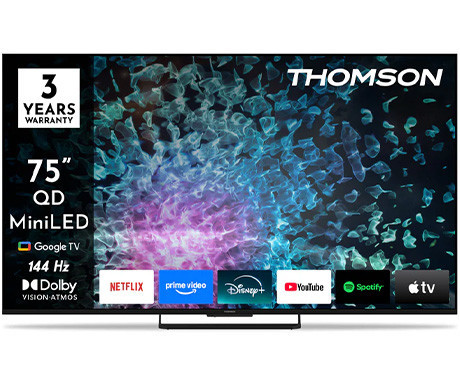 THOMSON 75MG7C15 MiniLED TV sprejemnik, 190cm (75"), 4K UHD, Google TV, 144Hz, WiFi, Bluetooth, HDR10, Dolby Atmos & Vision, STEREO zvočniki, Google Assistant, Chromecast, HOTEL Mode, pametni daljinec