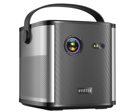 BYINTEK UFO U80 MAX prenosni 3D LED DLP projektor, GoogleTV, Dual WIFI, Bluetooth, polnilna baterija, 500 ANSI lumnov, samodejni fokus, STEREO zvočniki, max 4K UHD, USB / HDMI / AUX, +daljinec, črn