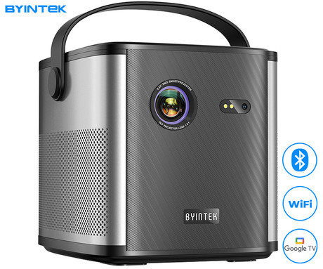 BYINTEK UFO U80 MAX prenosni 3D LED DLP projektor, GoogleTV, Dual WIFI, Bluetooth, polnilna baterija, 500 ANSI lumnov, samodejni fokus, STEREO zvočniki, max 4K UHD, USB / HDMI / AUX, +daljinec, črn