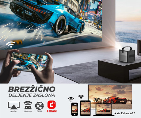BYINTEK UFO U80 MAX prenosni 3D LED DLP projektor, GoogleTV, Dual WIFI, Bluetooth, polnilna baterija, 500 ANSI lumnov, samodejni fokus, STEREO zvočniki, max 4K UHD, USB / HDMI / AUX, +daljinec, črn