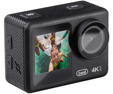 TREVI GO 2550 4K športna kamera, 3v1, 4K Ultra HD, WiFi, 2 zaslona, polnilna baterija, mikrofon, vodoodporno ohišje, priloženi dodatki, črna