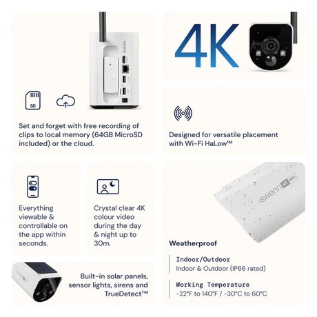 SWANN MR4KSD4 MaxRanger4K brezžični varnostni sistem, 4K UHD, 4x kamera, 1x snemalna enota, WIFI HaLow, TrueDetect+, APP, Sony STARVIS, Night2Day snemanje, mikrofon, zvočnik, IP66, +microSD