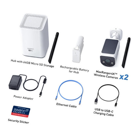 SWANN MR4KSD2 MaxRanger4K brezžični varnostni sistem, 4K UHD, 2x kamera, 1x snemalna enota, WIFI HaLow, TrueDetect+, APP, Sony STARVIS, Night2Day snemanje, mikrofon, zvočnik, IP66, +microSD